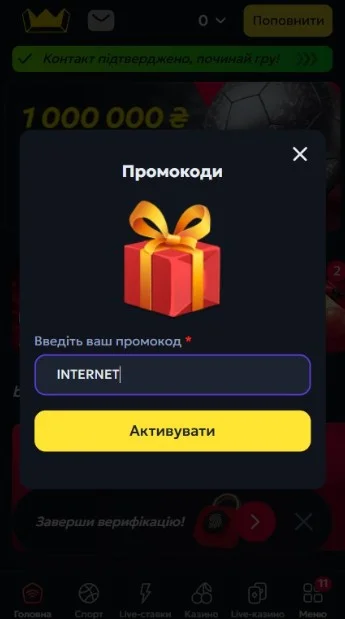 Введите код. Введите код INTERNET в пустое поле.